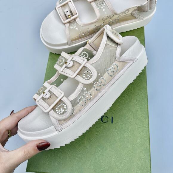 Gucci Nude Crystal Mesh Double Strap Sandals Size 38 EU - Picture 2 of 14